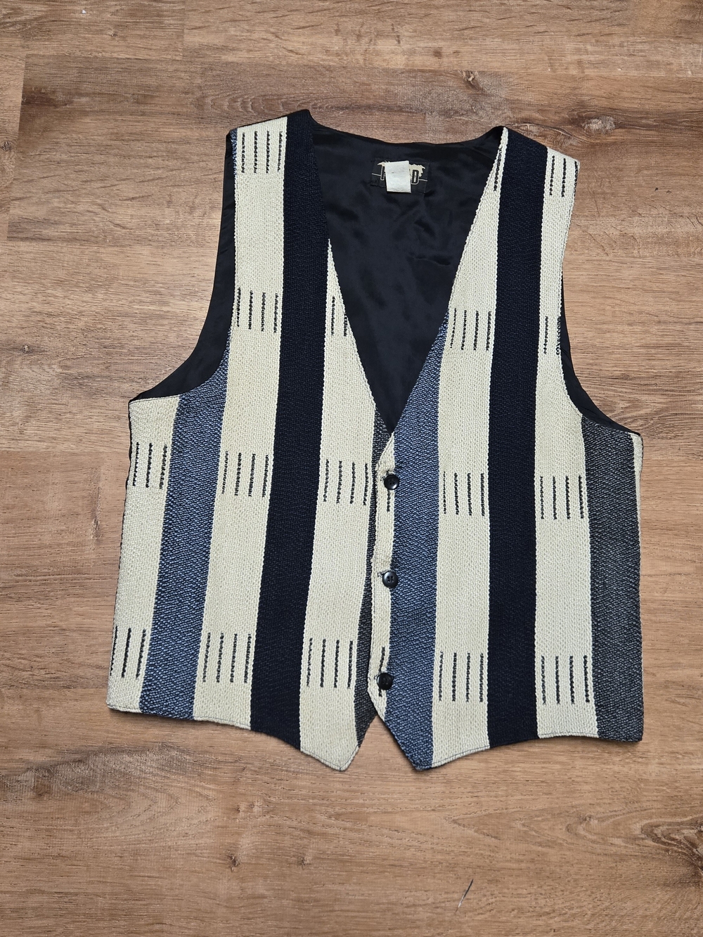 🇺🇸 Vintage Striped Woven Fluid Vest in Cream, Navy & Blue Waistcoat Large